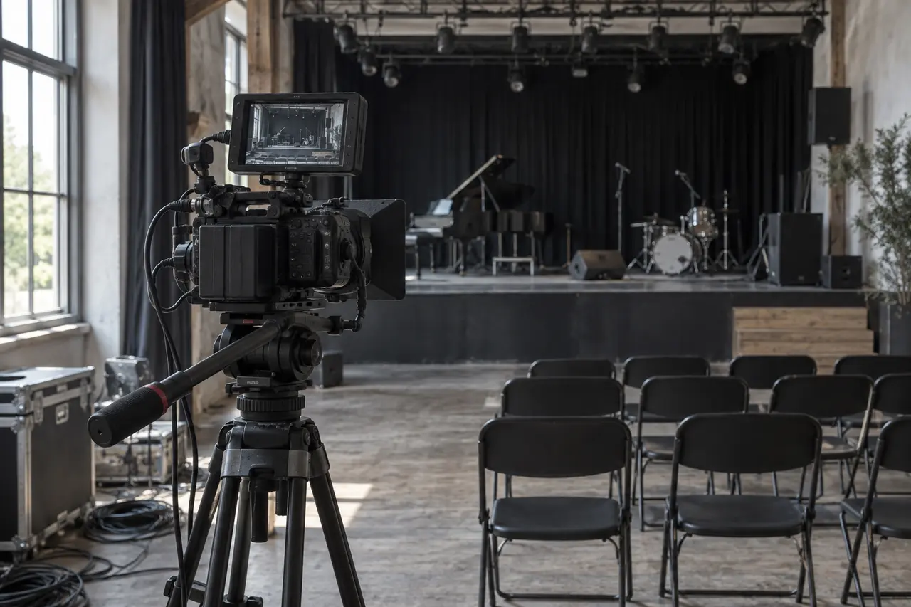Caméra professionnelle installée dans une salle de spectacle
