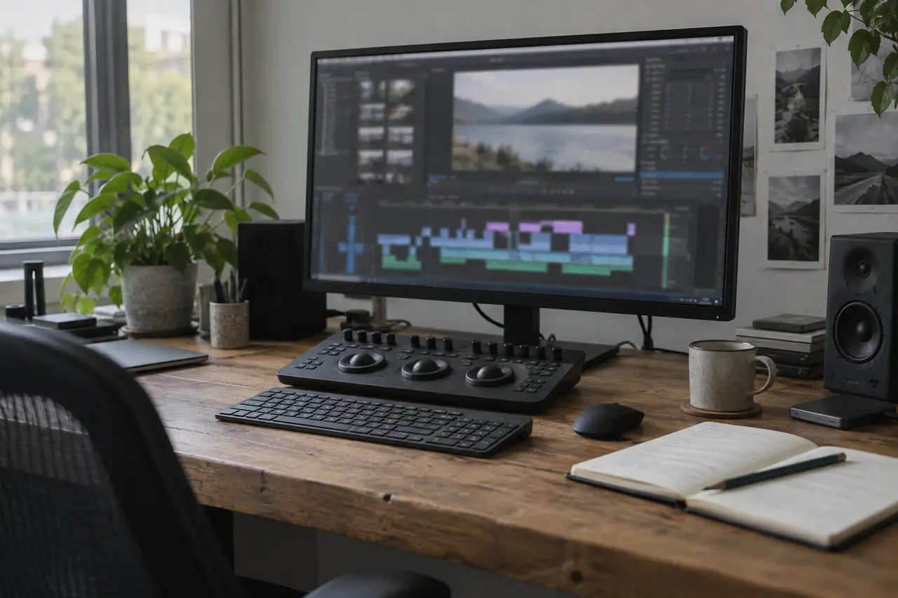 Poste de montage vidéo dans un espace de travail lumineux