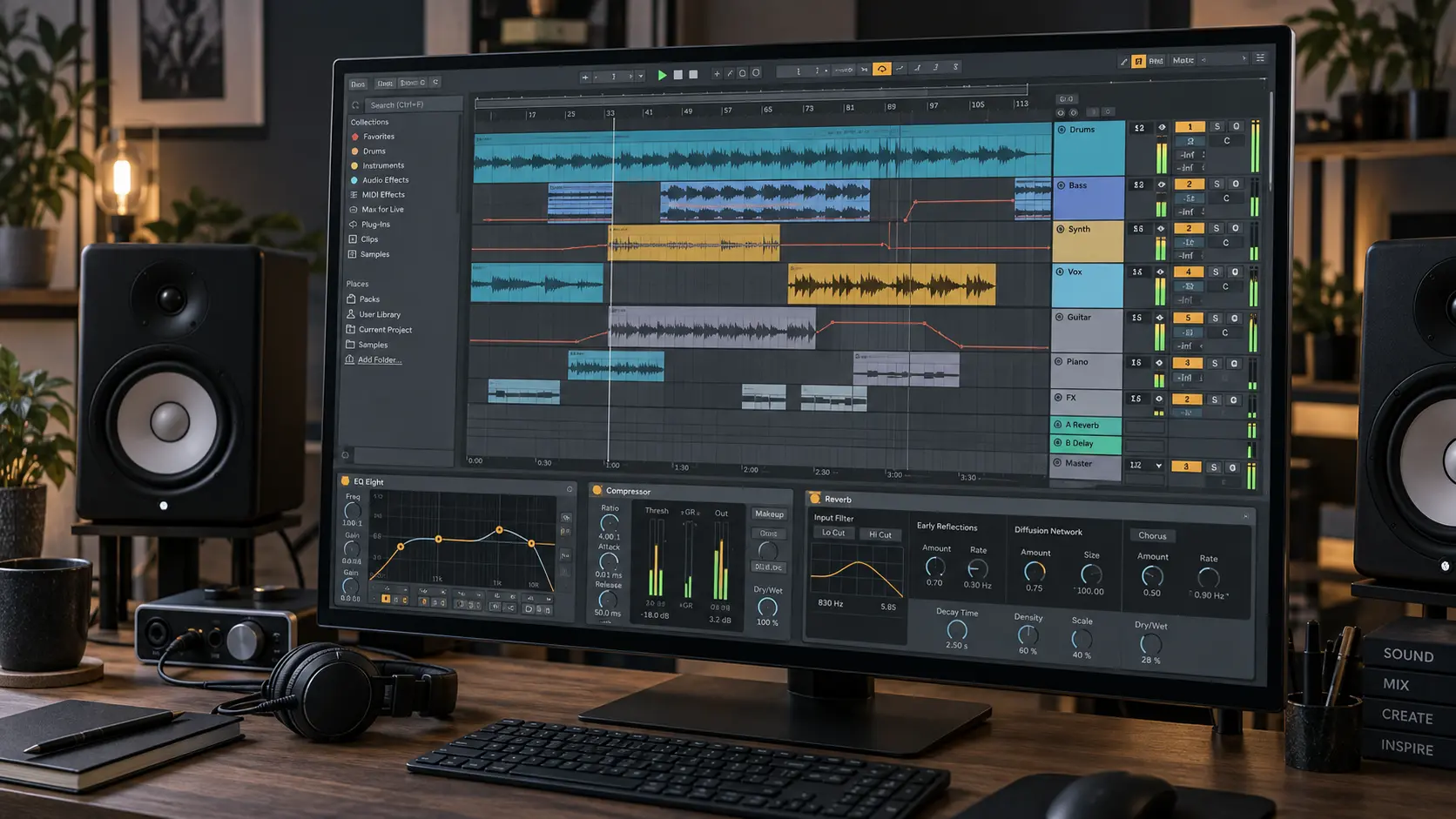 Console de mixage et enceintes dans un studio de travail